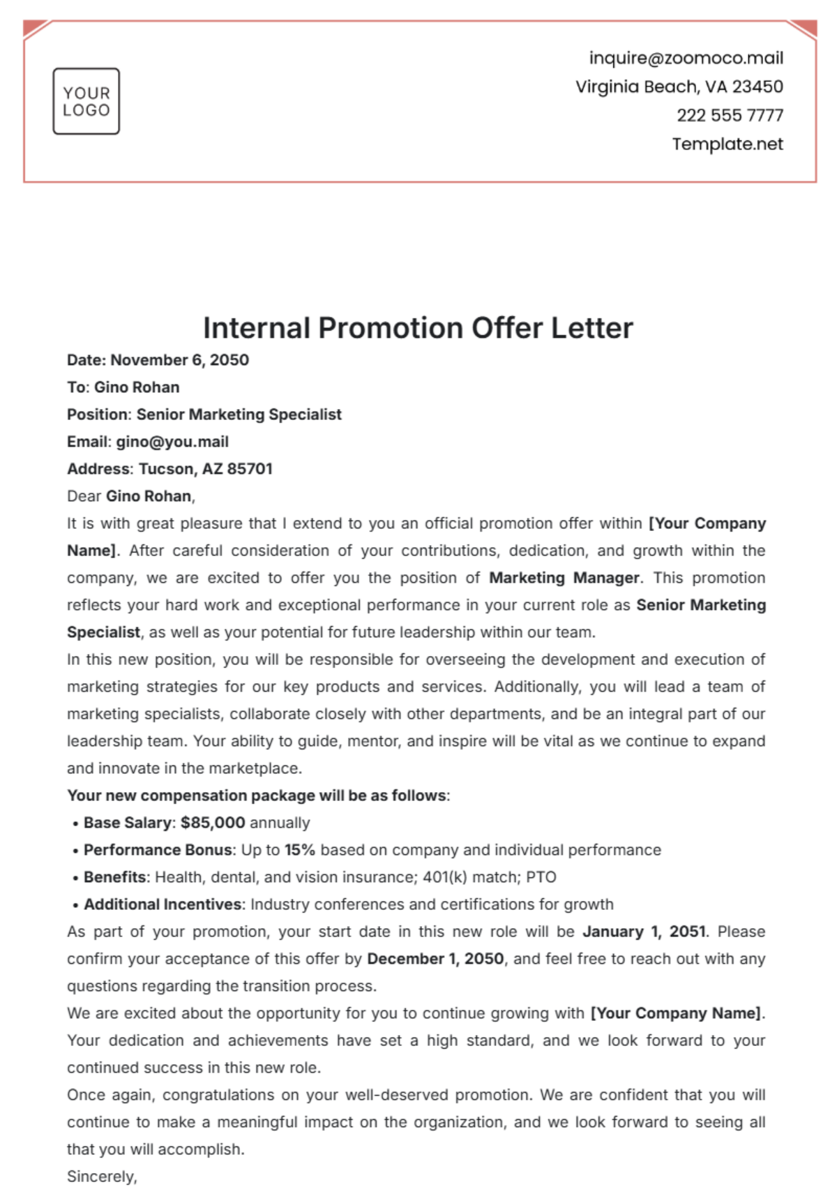 Internal Promotion Offer Letter Template