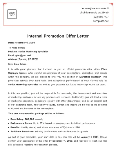 Free Internal Promotion Offer Letter Template to Edit Online