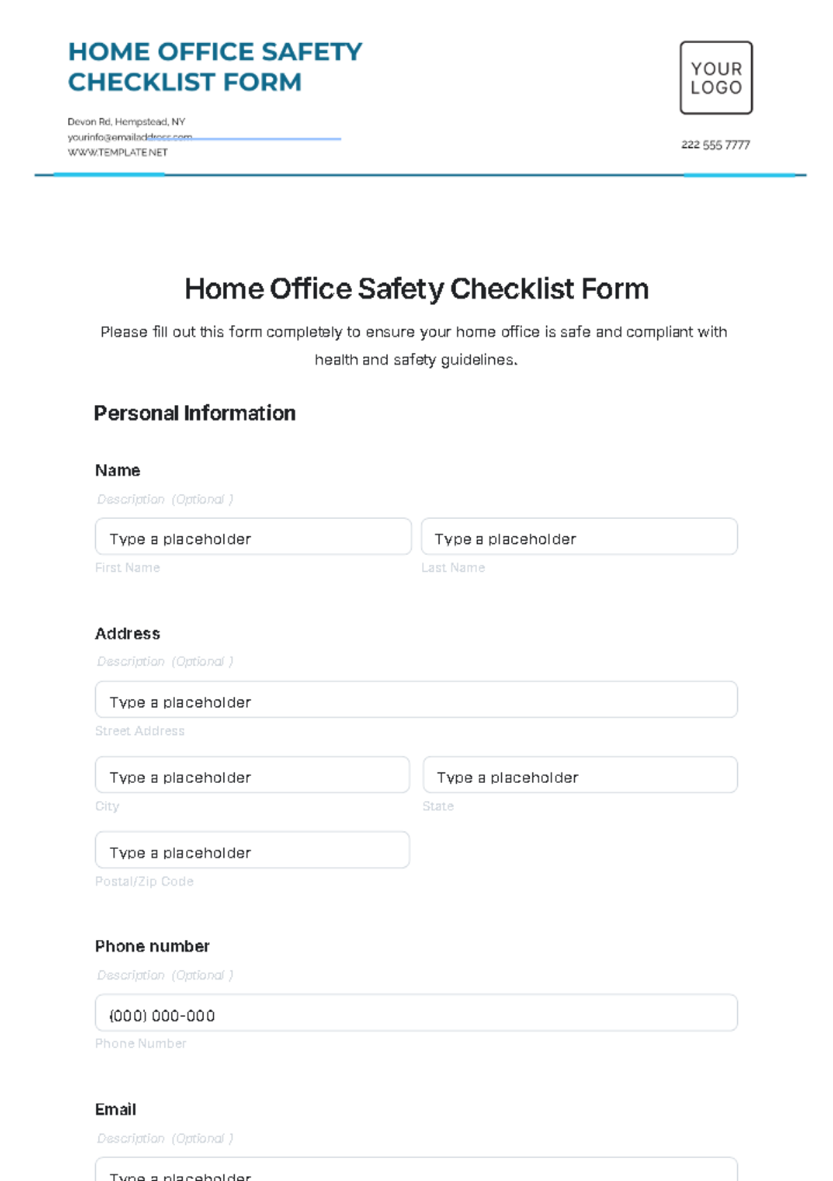 Home Office Safety Checklist Form Template - Edit Online & Download