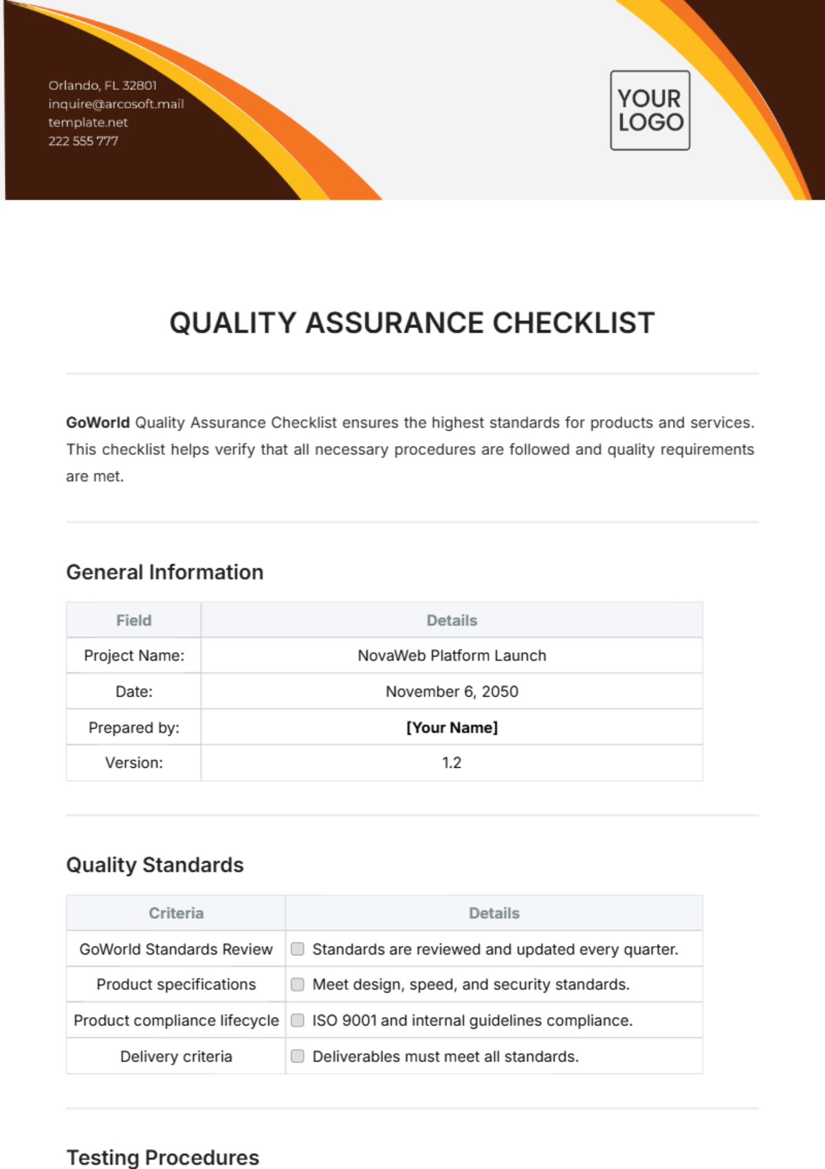 Quality Assurance Checklist Template