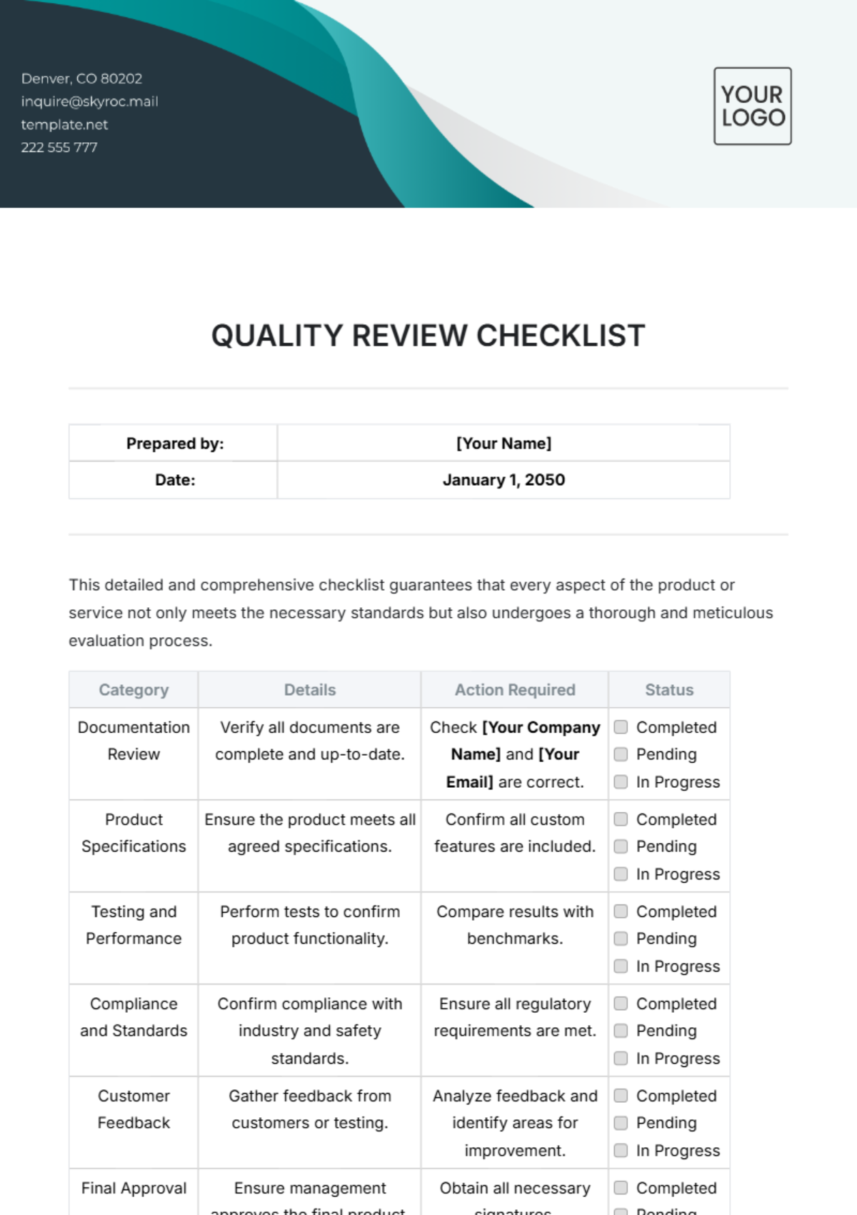 Quality Review Checklist Template - Edit Online & Download