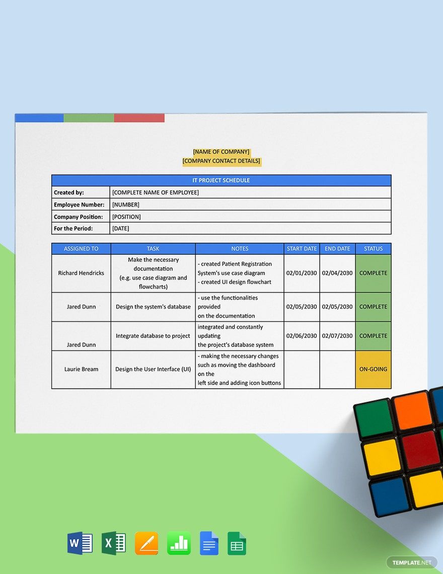IT Project Schedule Template in Word, Google Docs, Excel, Google Sheets, Apple Pages, Apple Numbers