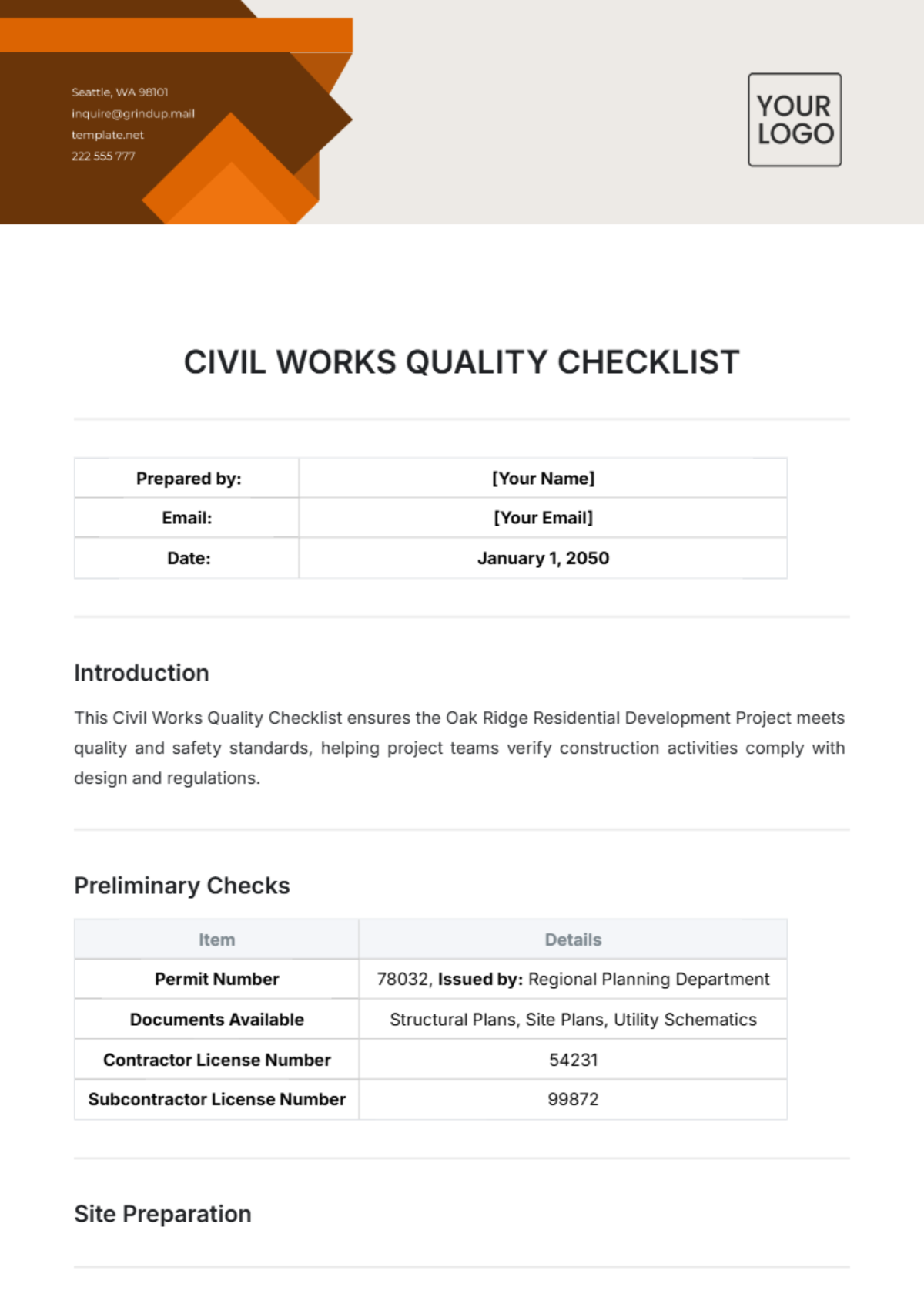 Civil Works Quality Checklist Template