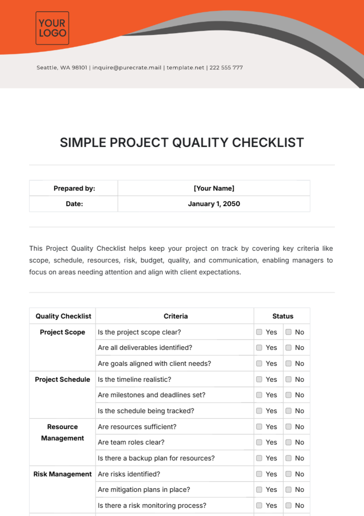 Simple Project Quality Checklist Template - Edit Online & Download