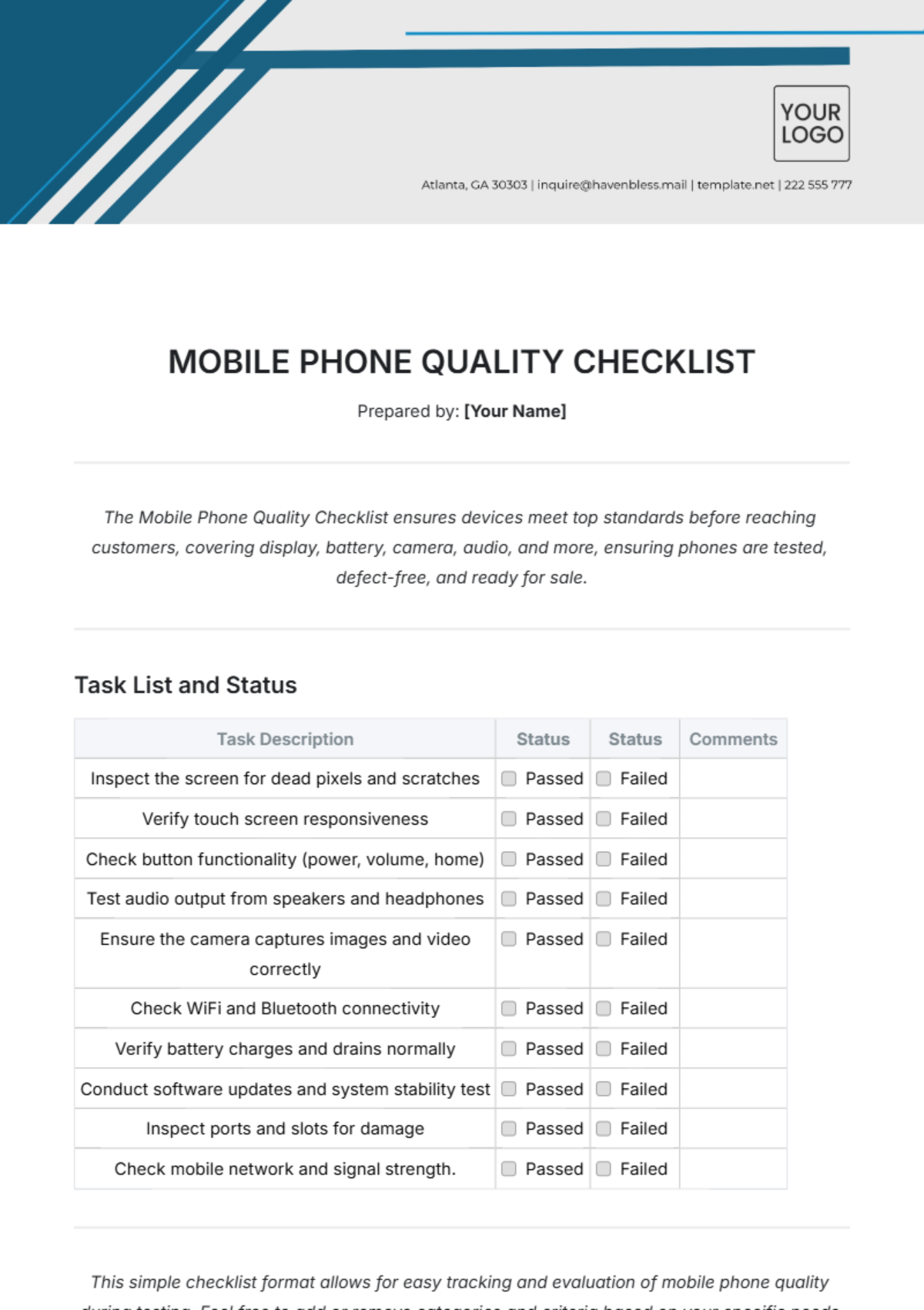 Mobile Phone Quality Checklist Template - Edit Online & Download