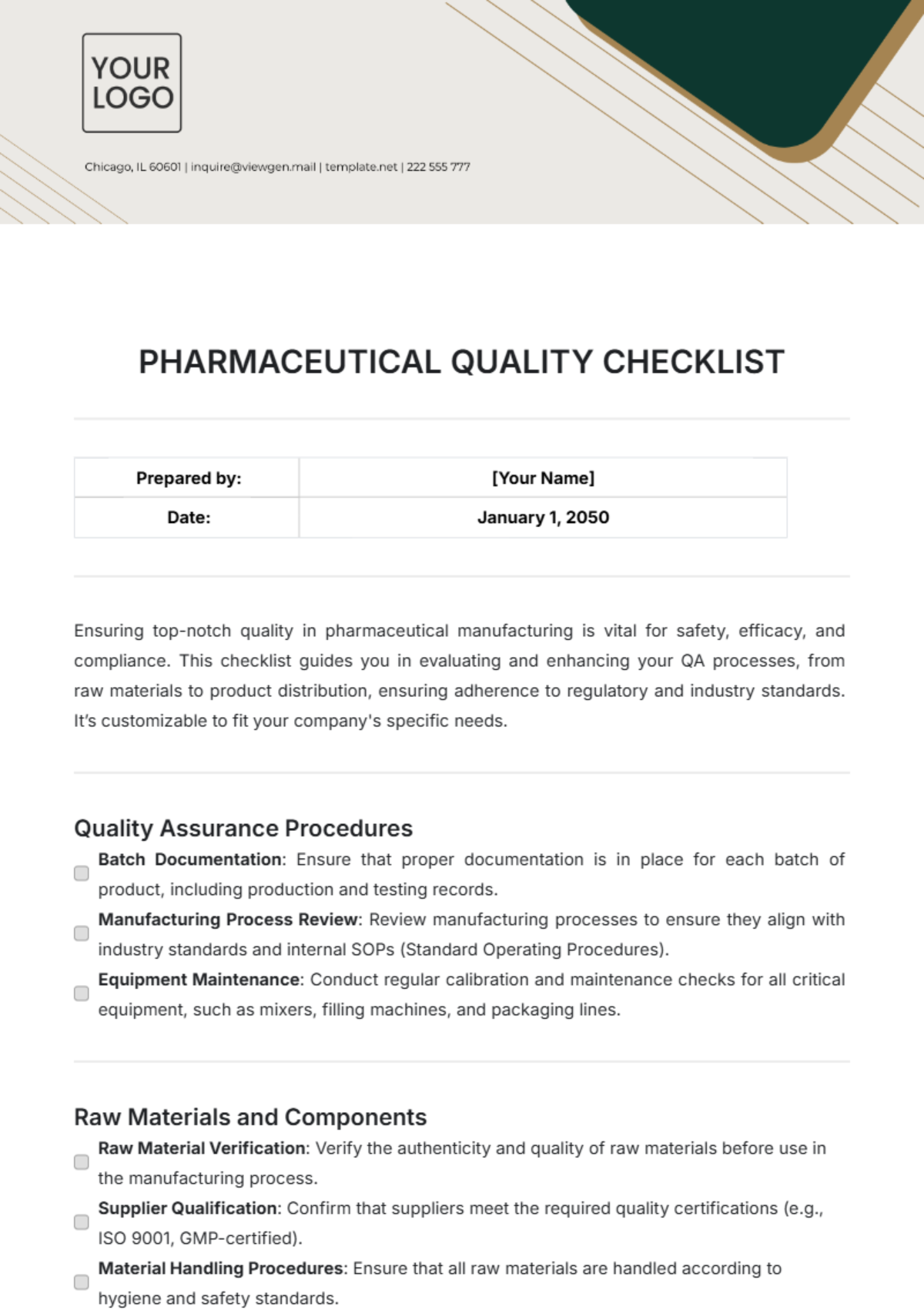 Pharmaceutical Quality Checklist Template - Edit Online & Download