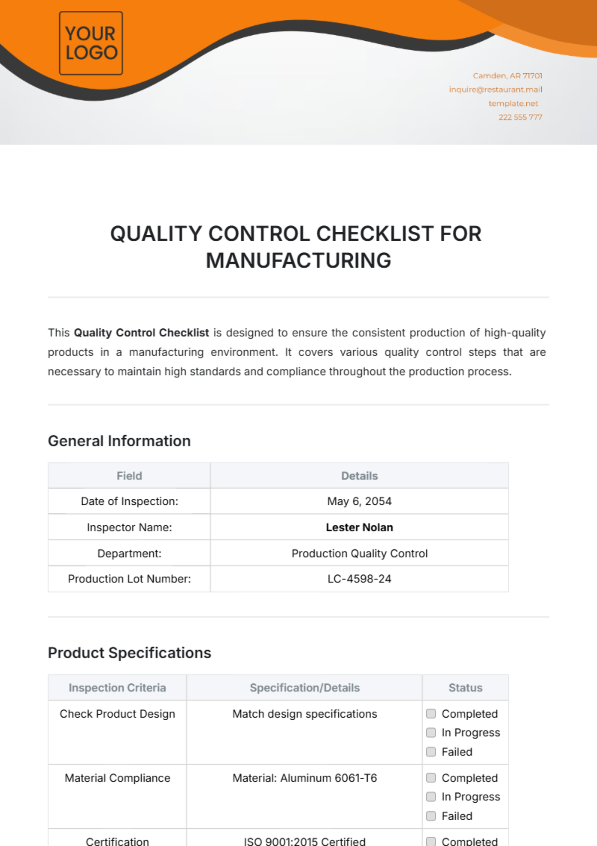 Quality Control Checklist for Manufacturing Template - Edit Online & Download