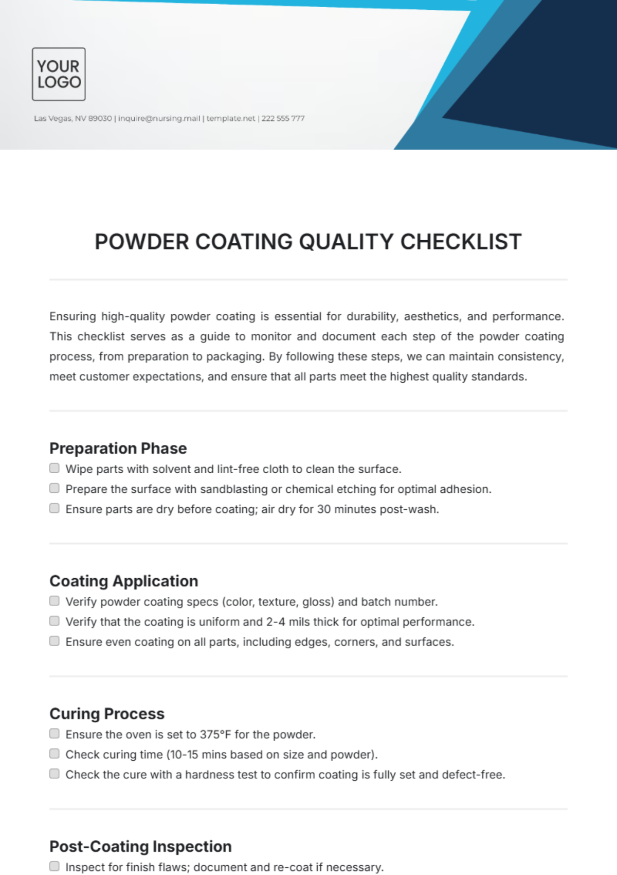 Powder Coating Quality Checklist Template - Edit Online & Download