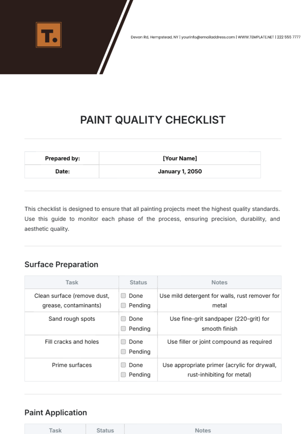 Paint Quality Checklist Template - Edit Online & Download