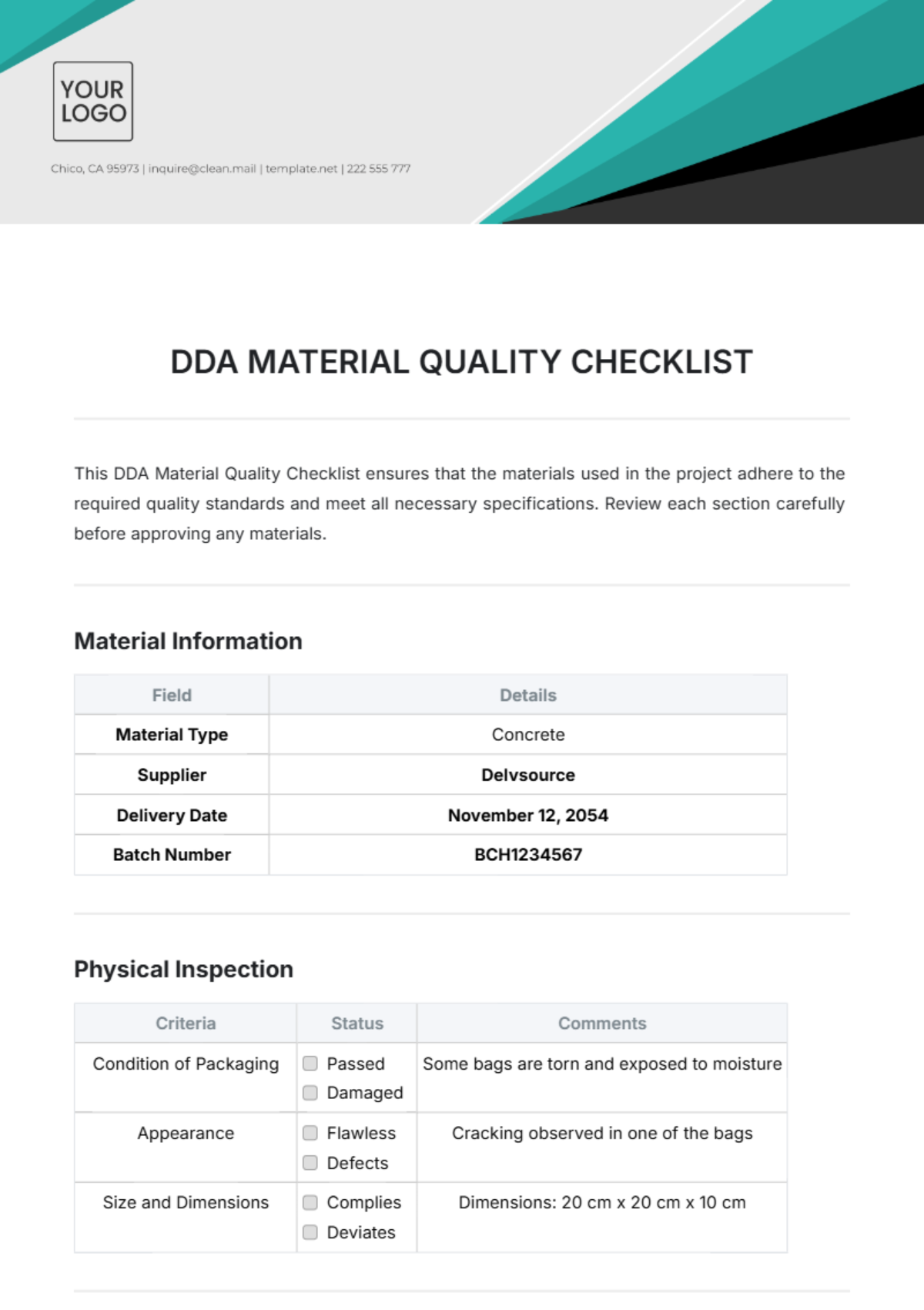 DDA Material Quality Checklist Template - Edit Online & Download