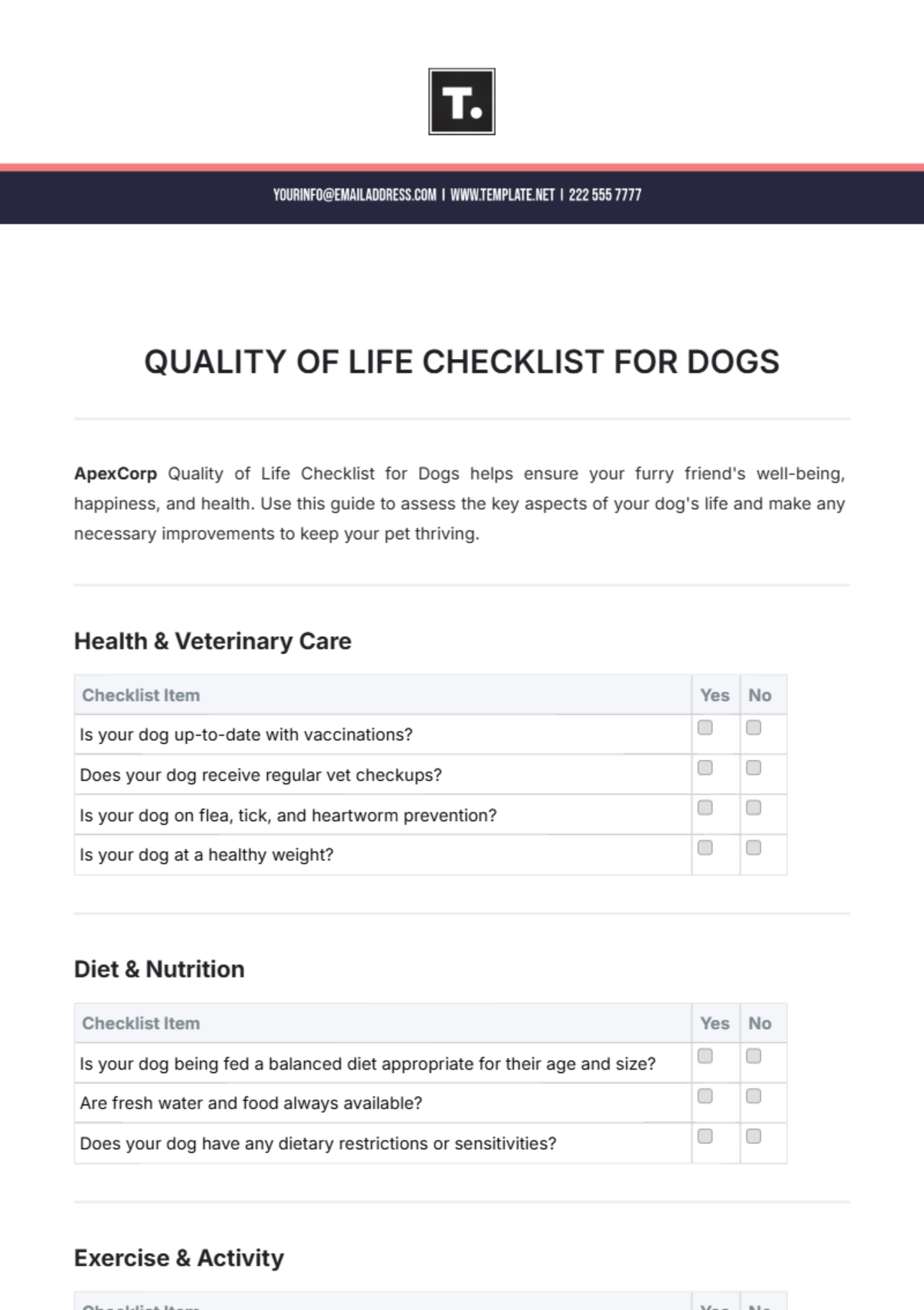 Quality of Life Checklist for Dogs Template - Edit Online & Download