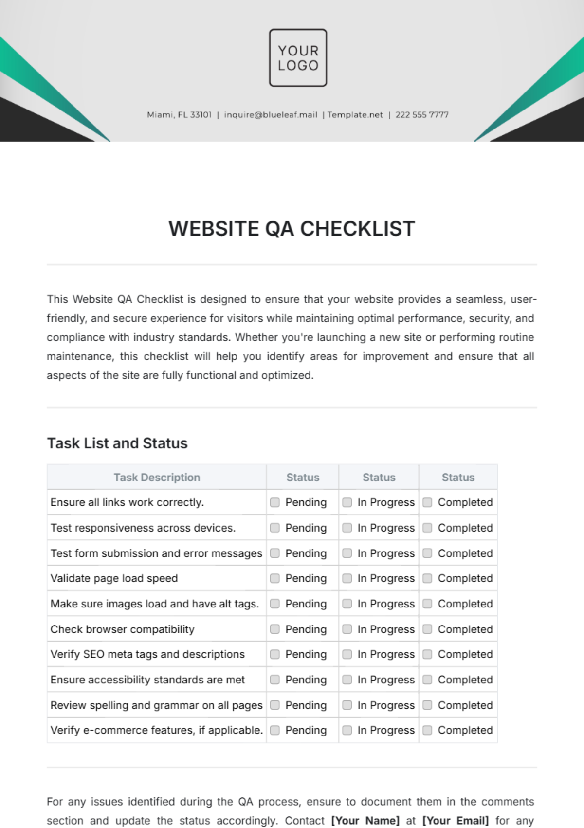 Website QA Checklist Template - Edit Online & Download