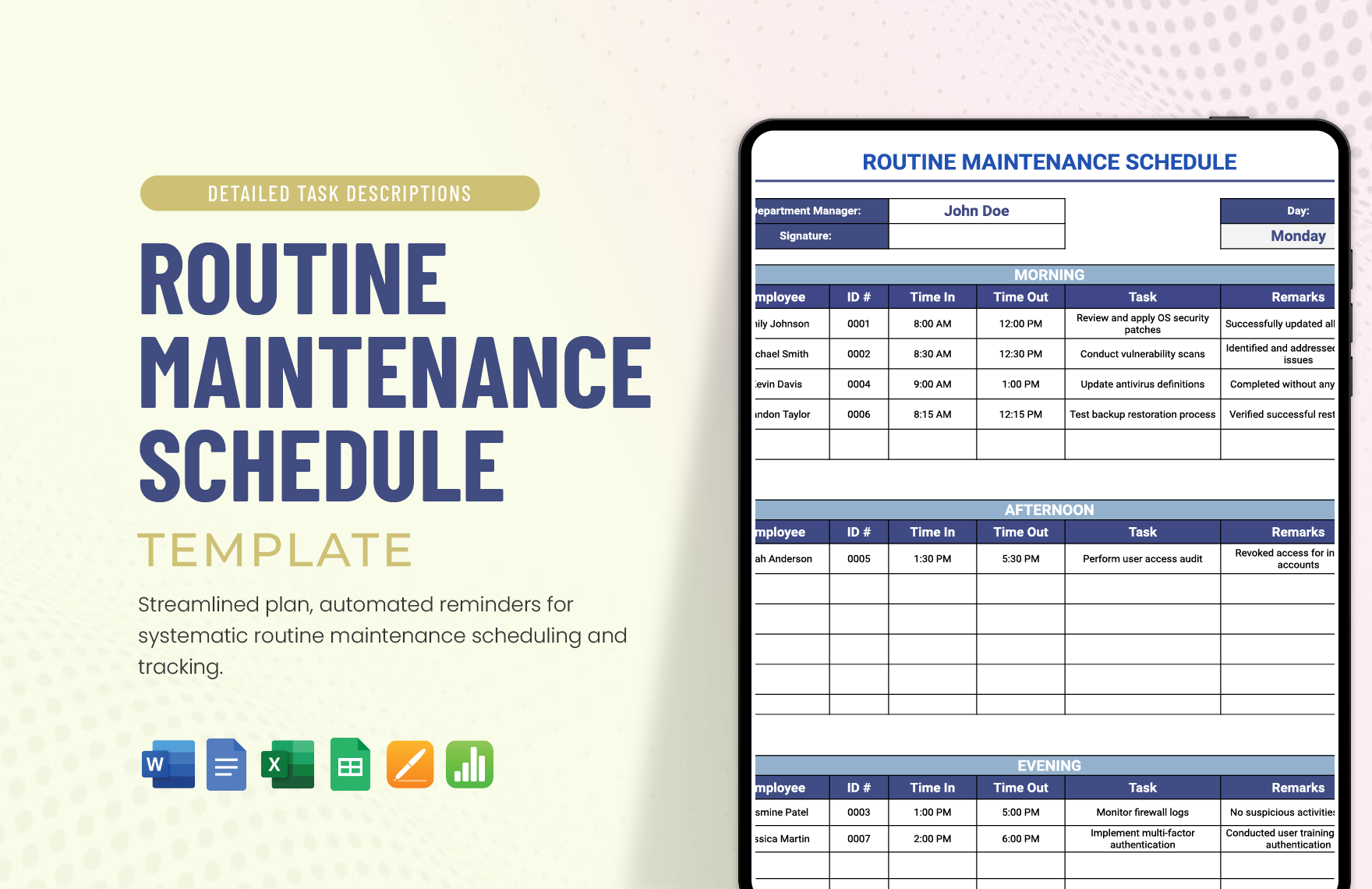 Routine Maintenance Schedule Template in Word, Google Docs, Excel, Google Sheets, Apple Pages, Apple Numbers