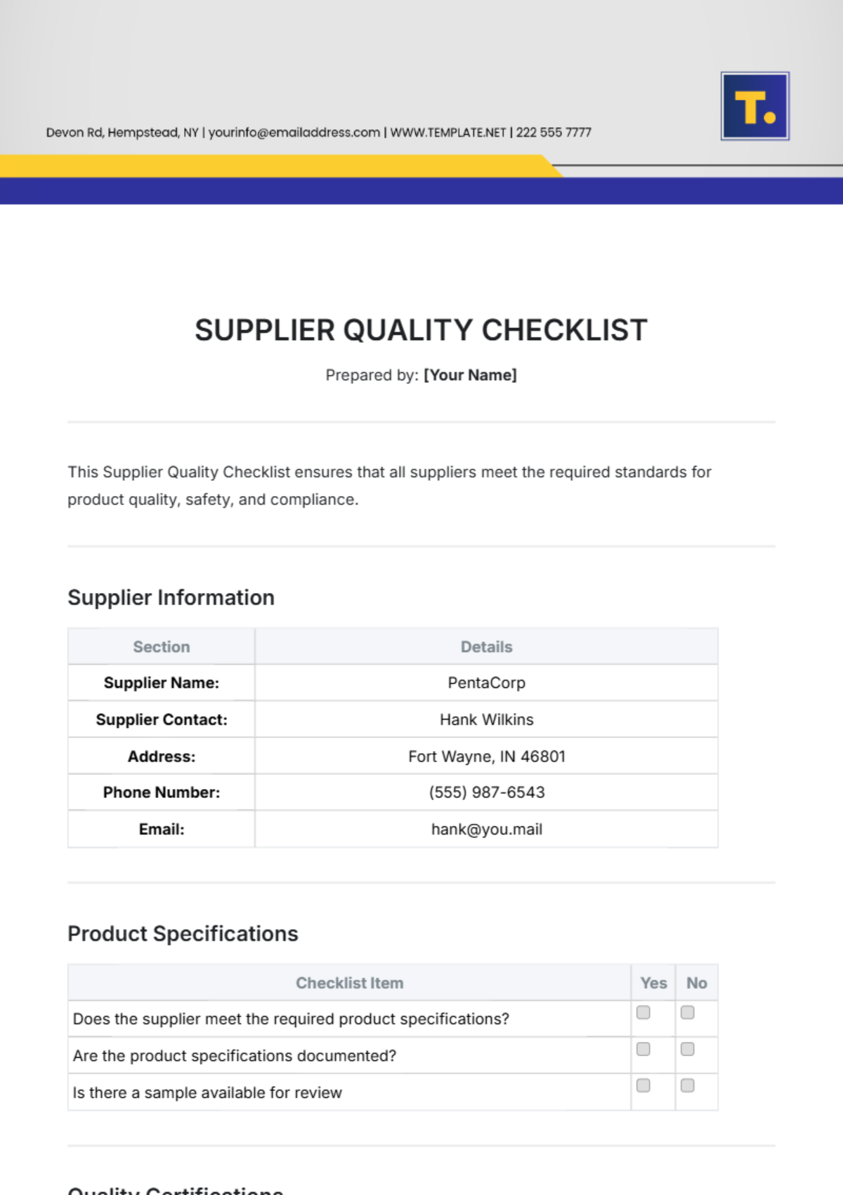 Supplier Quality Checklist Template - Edit Online & Download