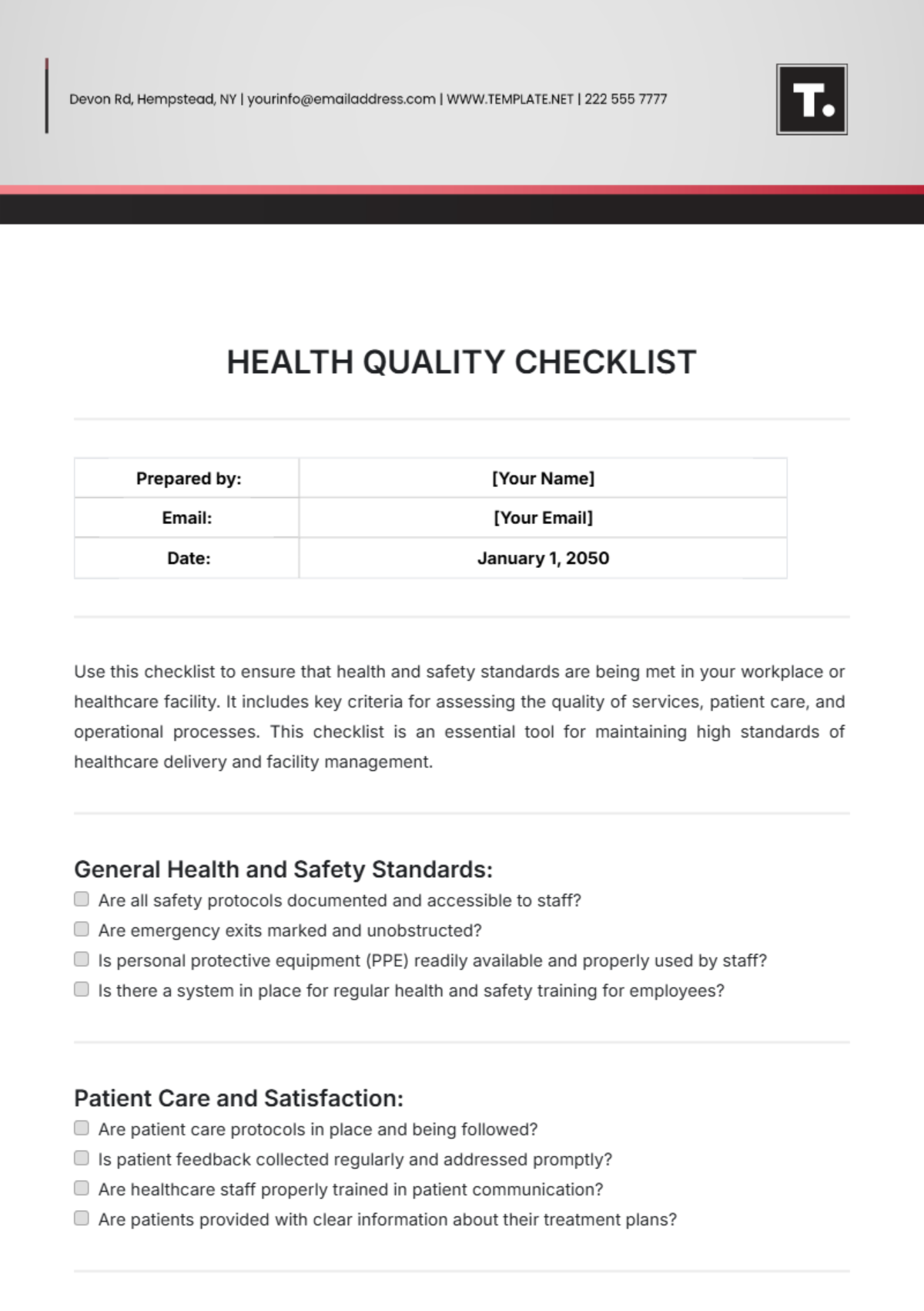 Health Quality Checklist Template - Edit Online & Download