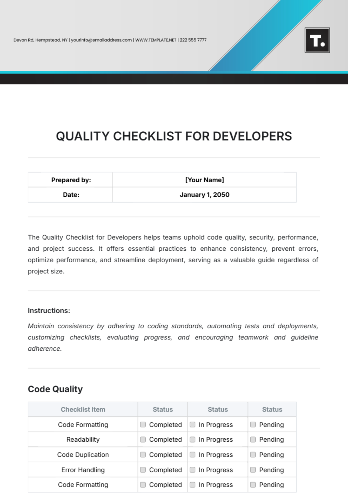 Quality Checklist Template for Developers - Edit Online & Download