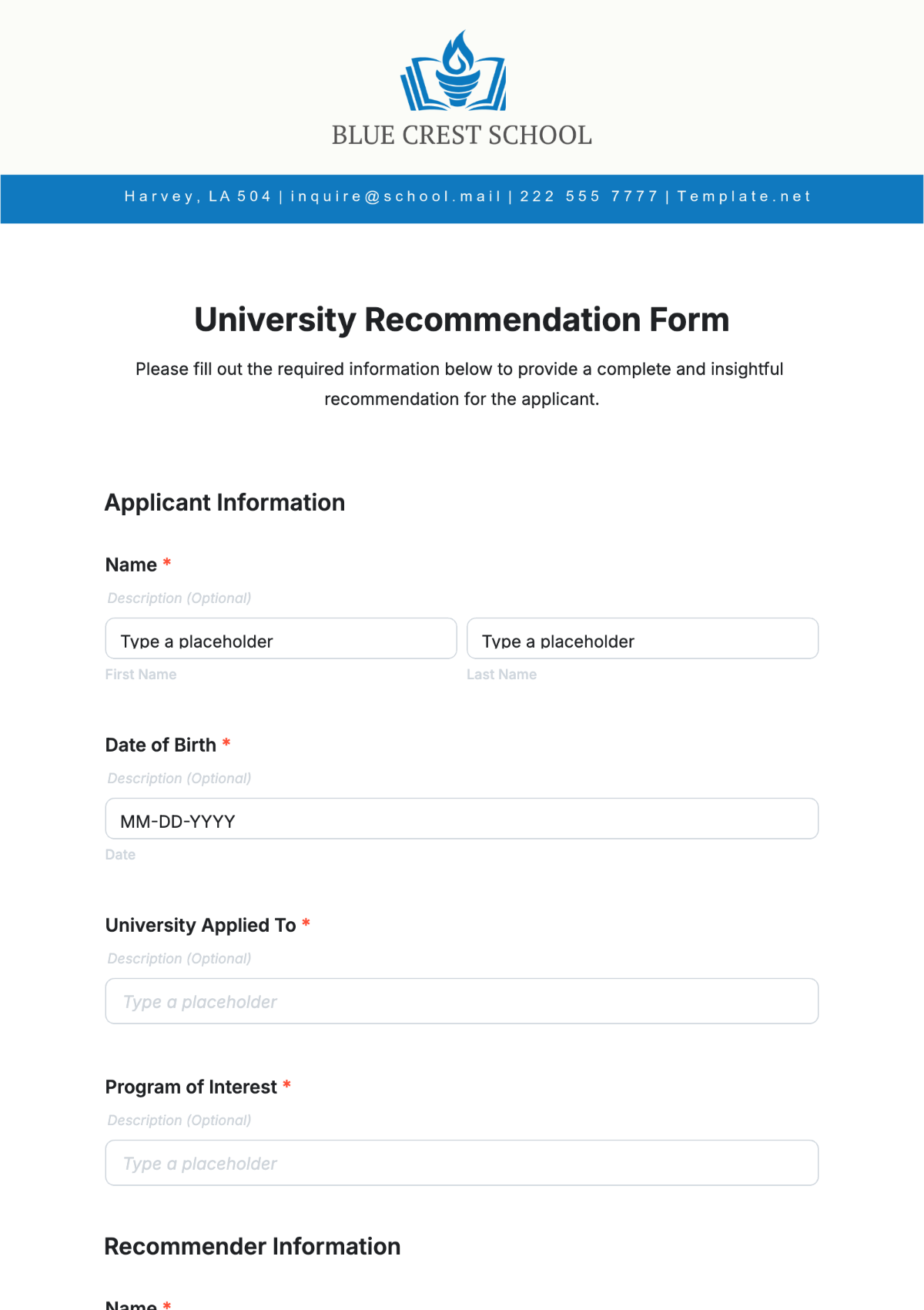 University Recommendation Form Template