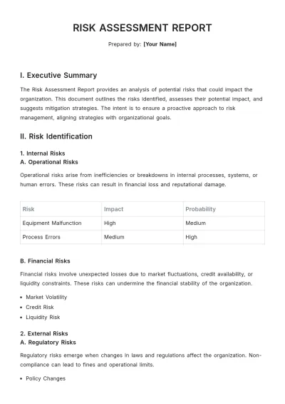 Free Risk Assessment Report Template to Edit Online