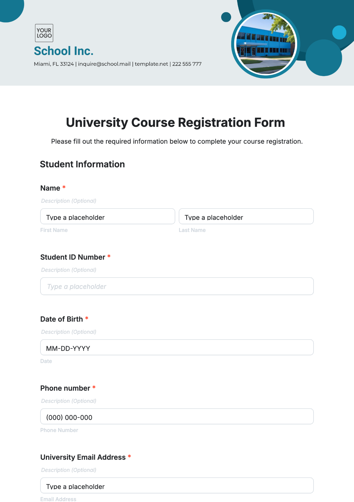 University Course Registration Form Template