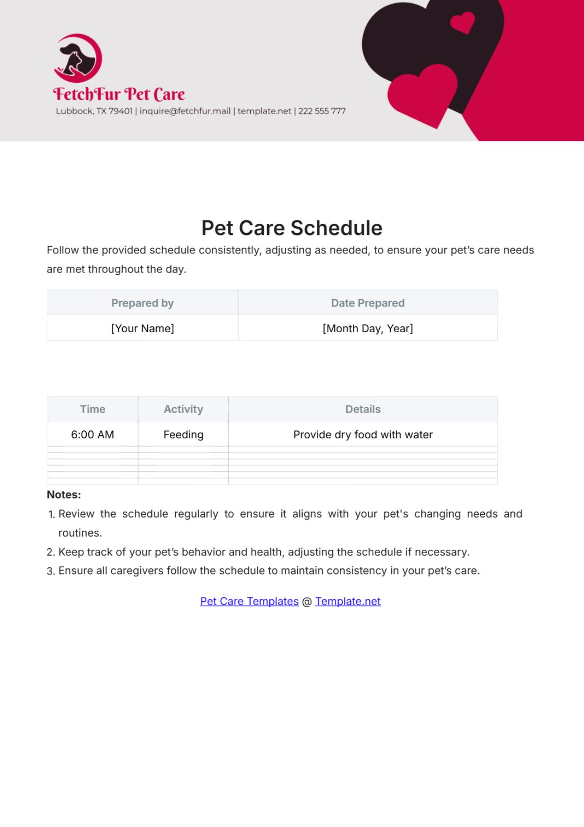 Pet Care Schedule Template - Edit Online & Download