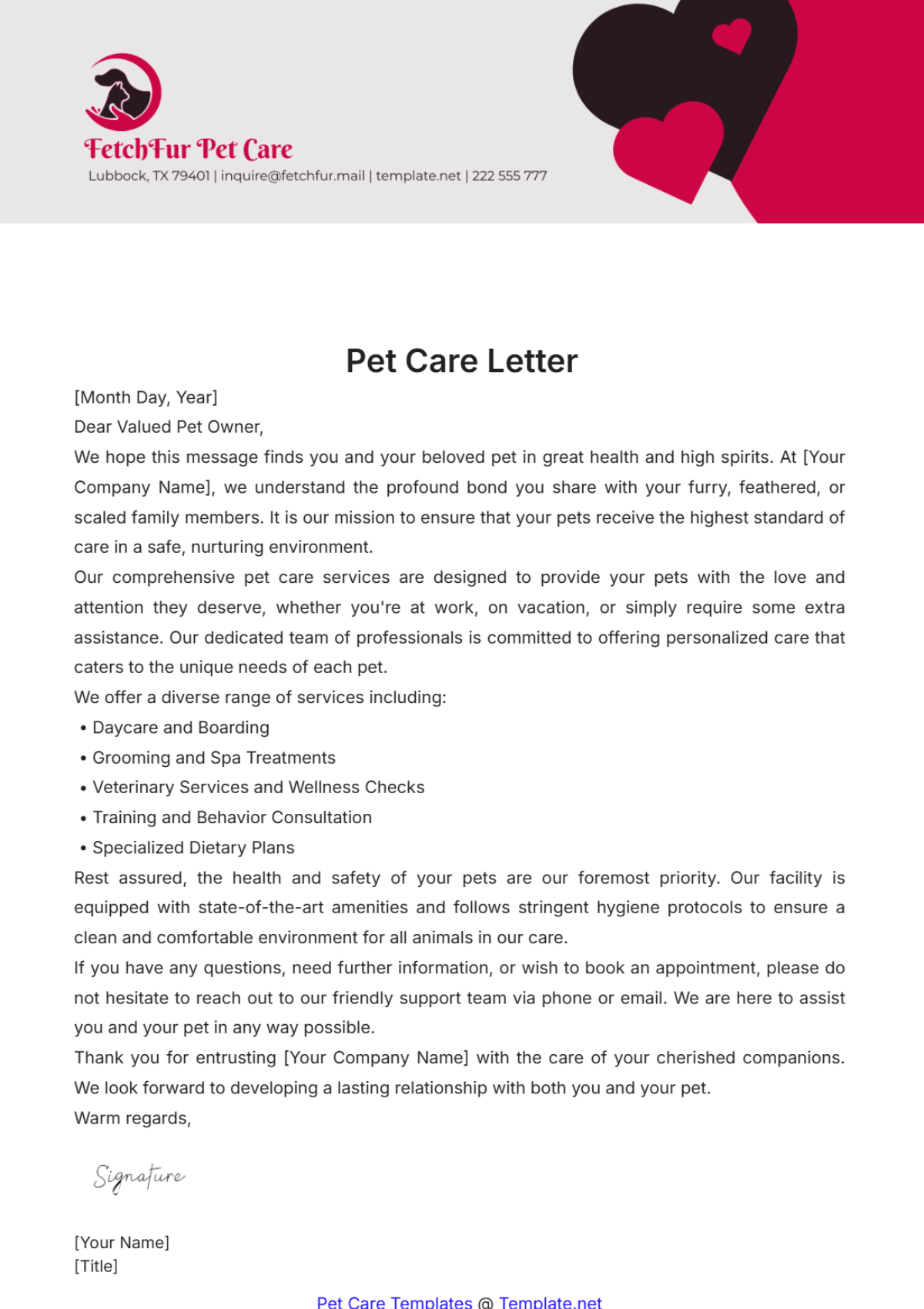 Pet Care Letter Template