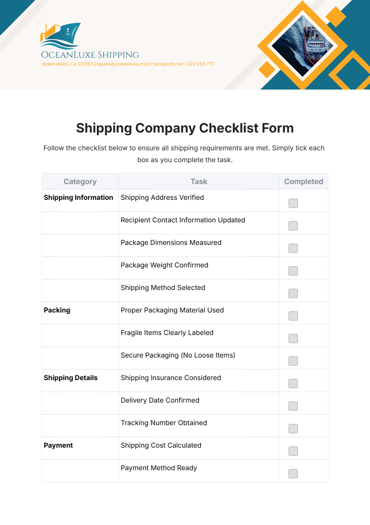 Shipping Company Checklist Form Template - Edit Online & Download