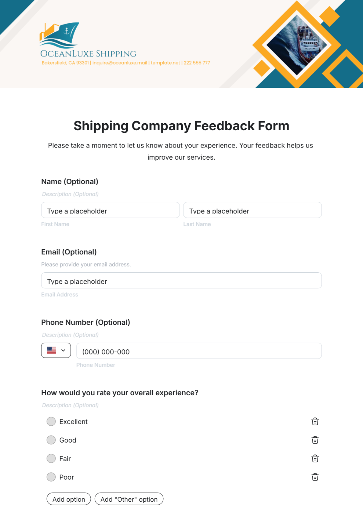 Shipping Company Feedback Form Template - Edit Online & Download