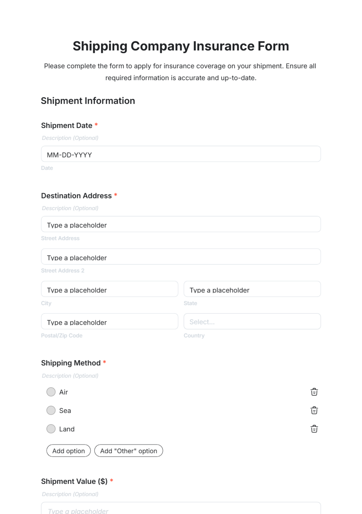 Shipping Company Insurance Form Template - Edit Online & Download