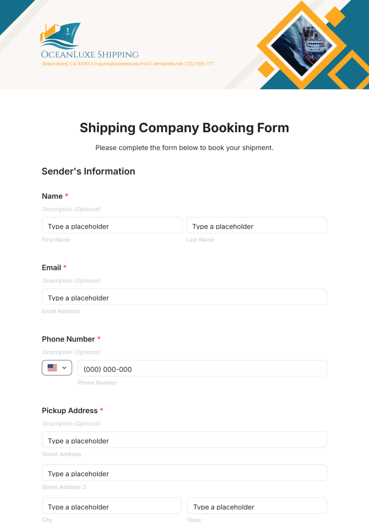 Shipping Company Booking Form Template - Edit Online & Download