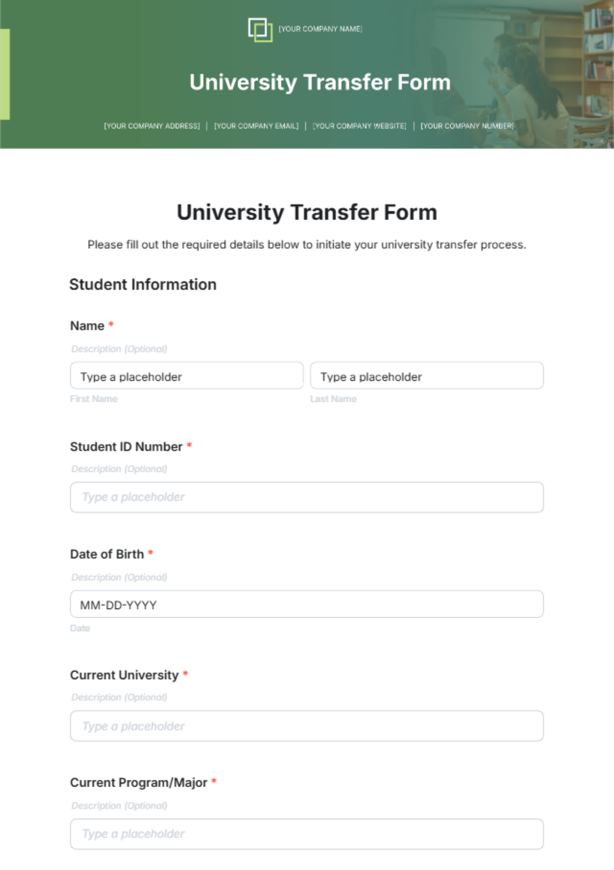 University Transfer Form Template