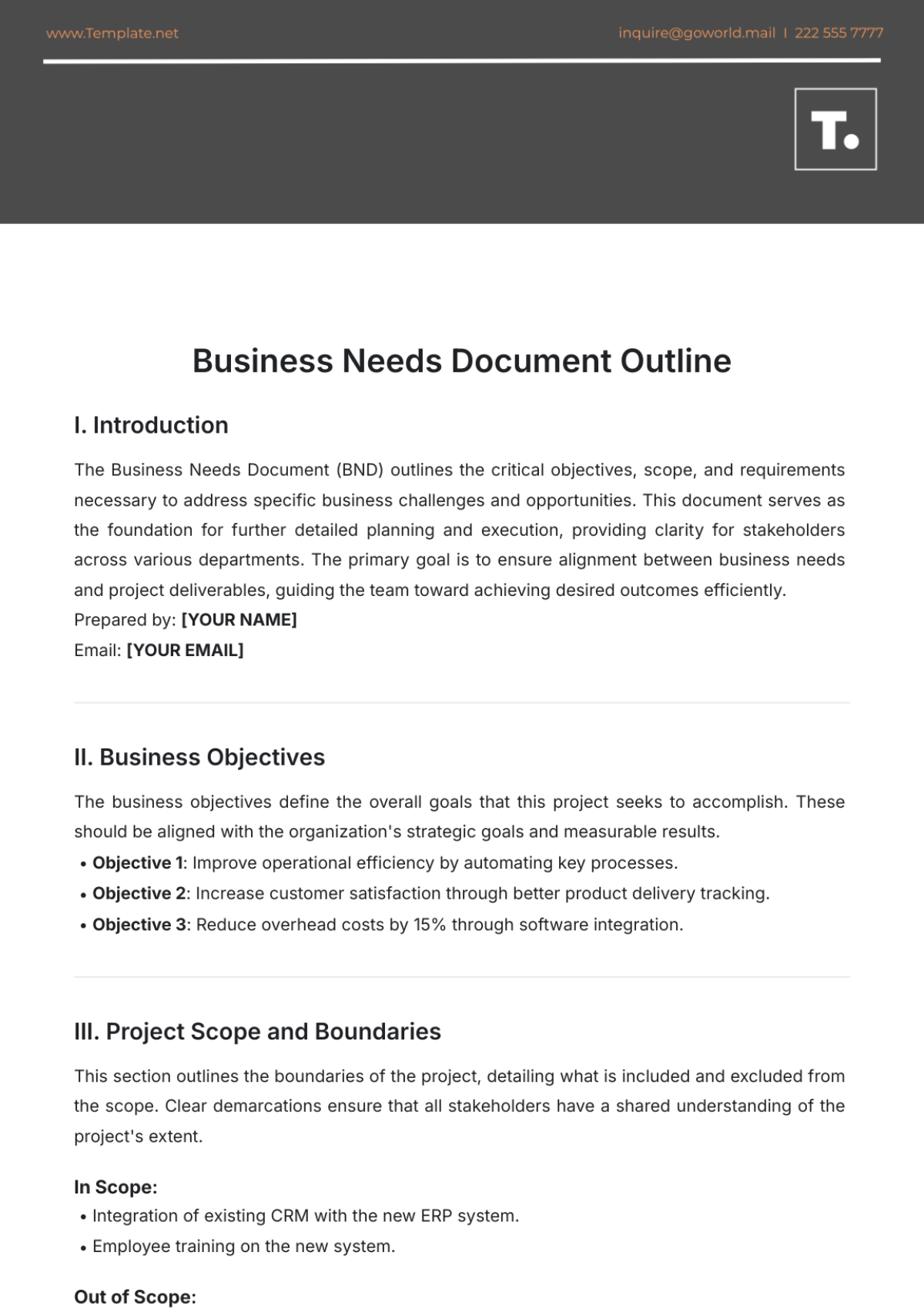 Business Needs Document Outline Template - Edit Online & Download