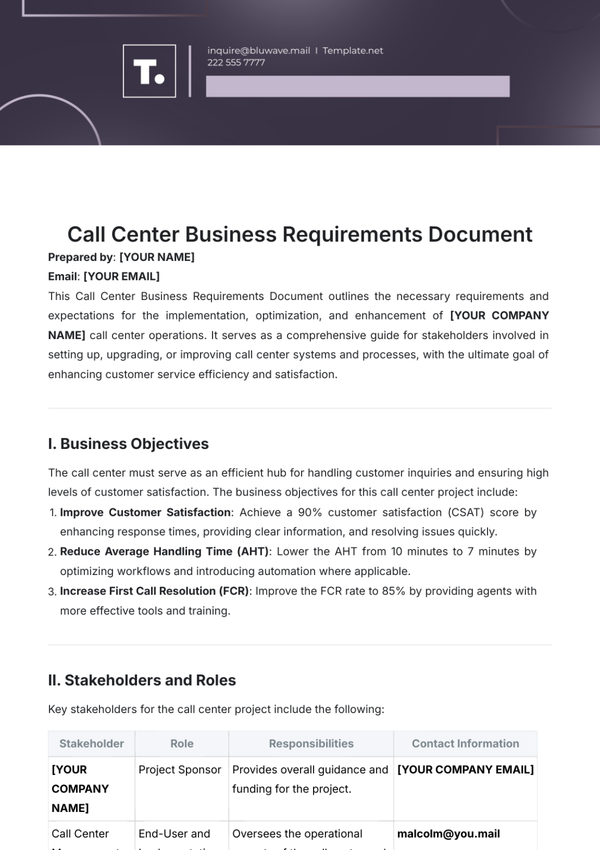 Call Center Business Requirements Document Template - Edit Online & Download