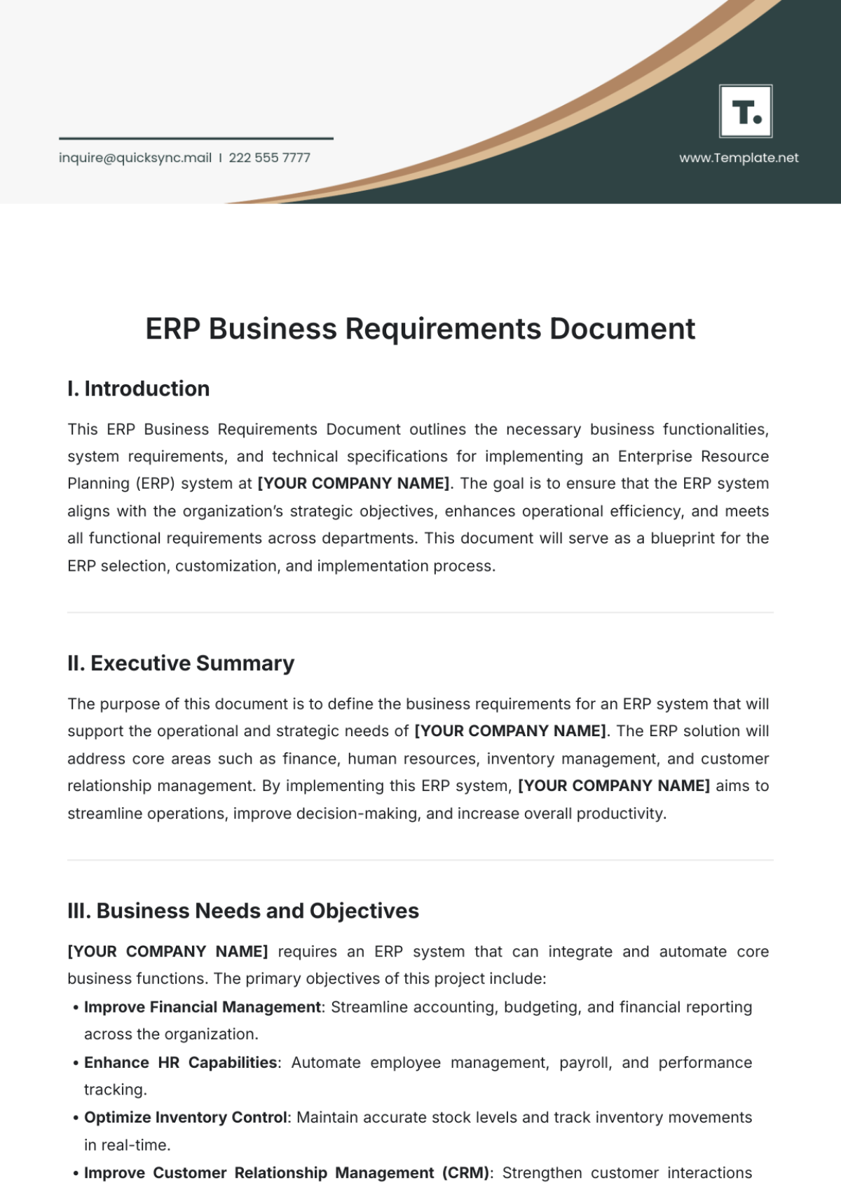 ERP Business Requirements Document Template