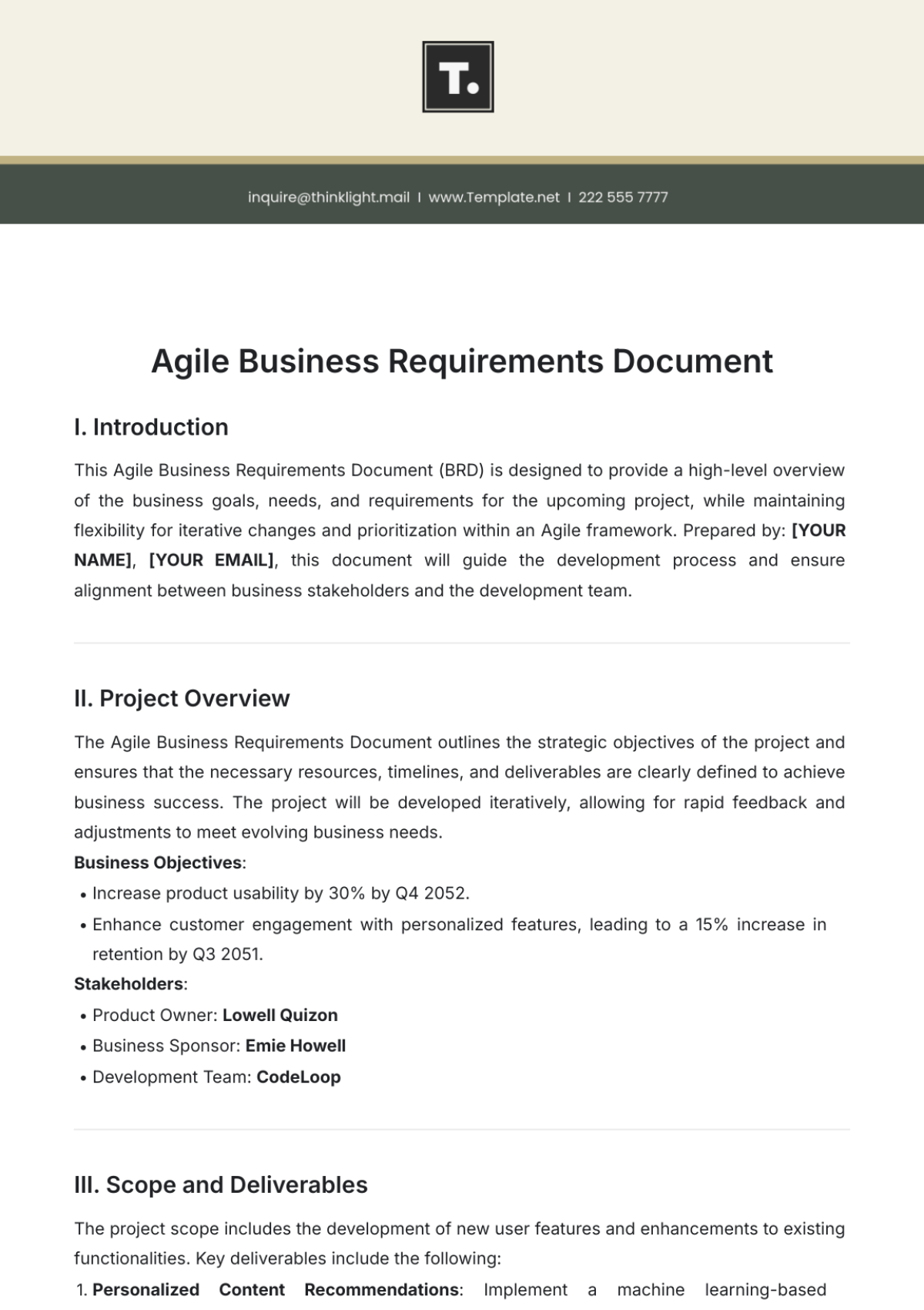 Agile Business Requirements Document Template