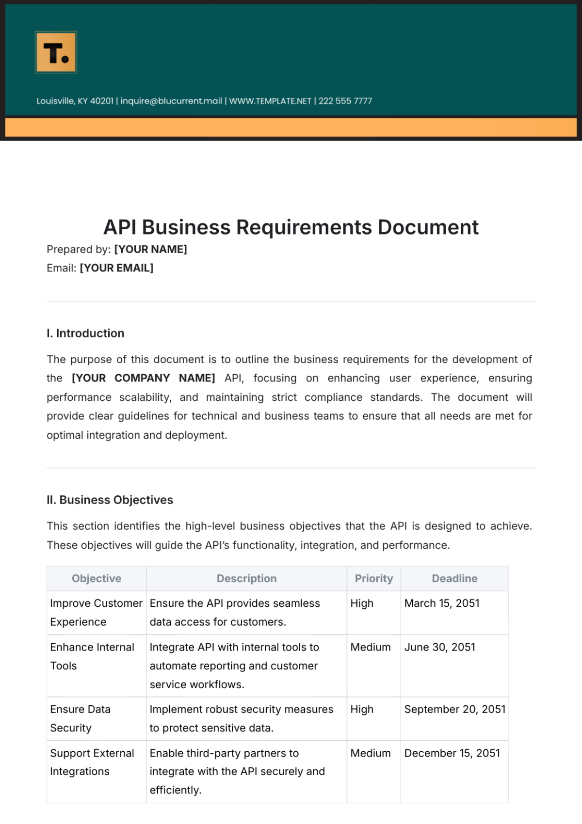 API Business Requirements Document Template