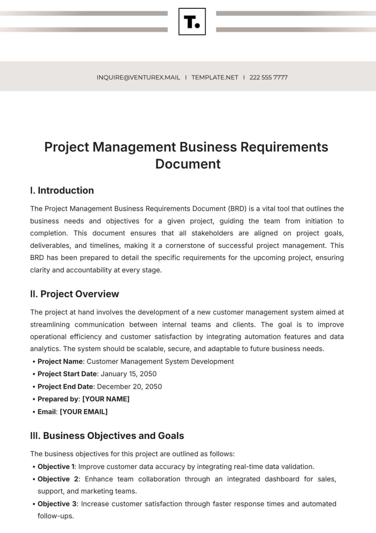 Project Management Business Requirements Document Template