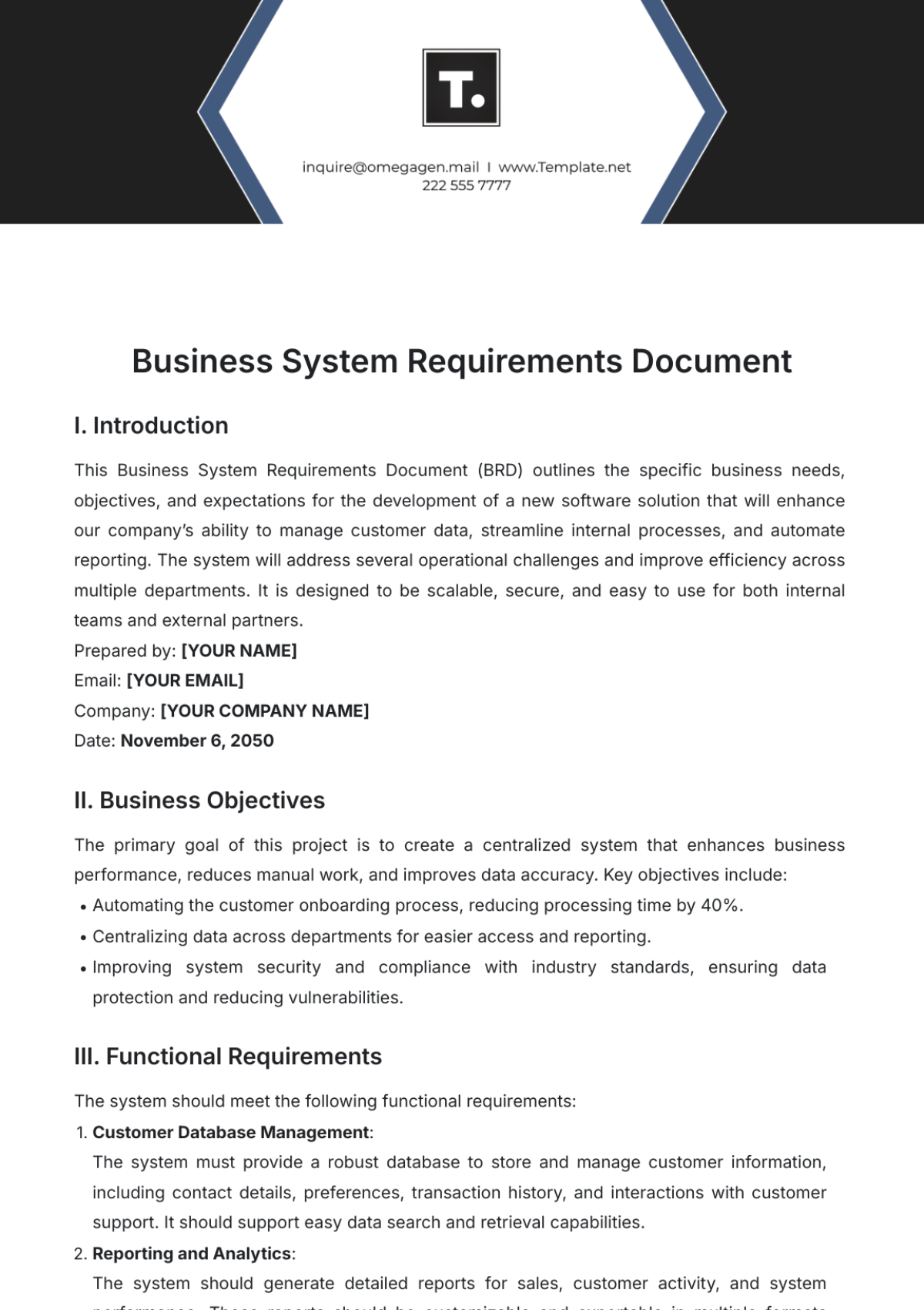 Business System Requirements Document Template