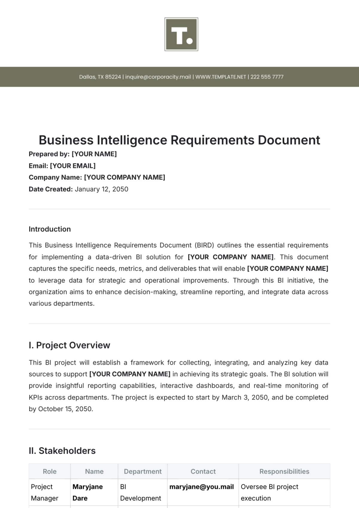 Business Intelligence Requirements Document Template - Edit Online & Download