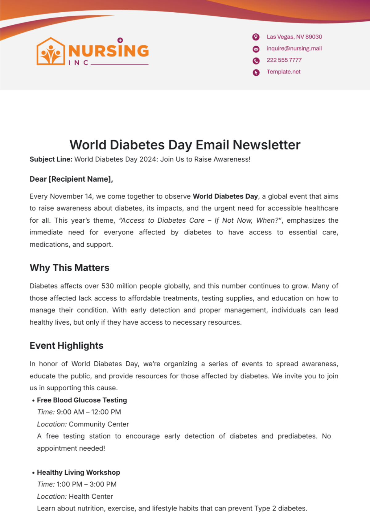 World Diabetes Day Email Newsletter Template - Edit Online & Download