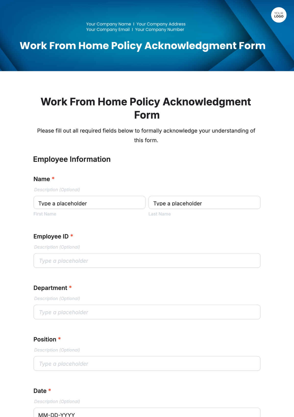 Work From Home Policy Acknowledgment Form Template - Edit Online & Download