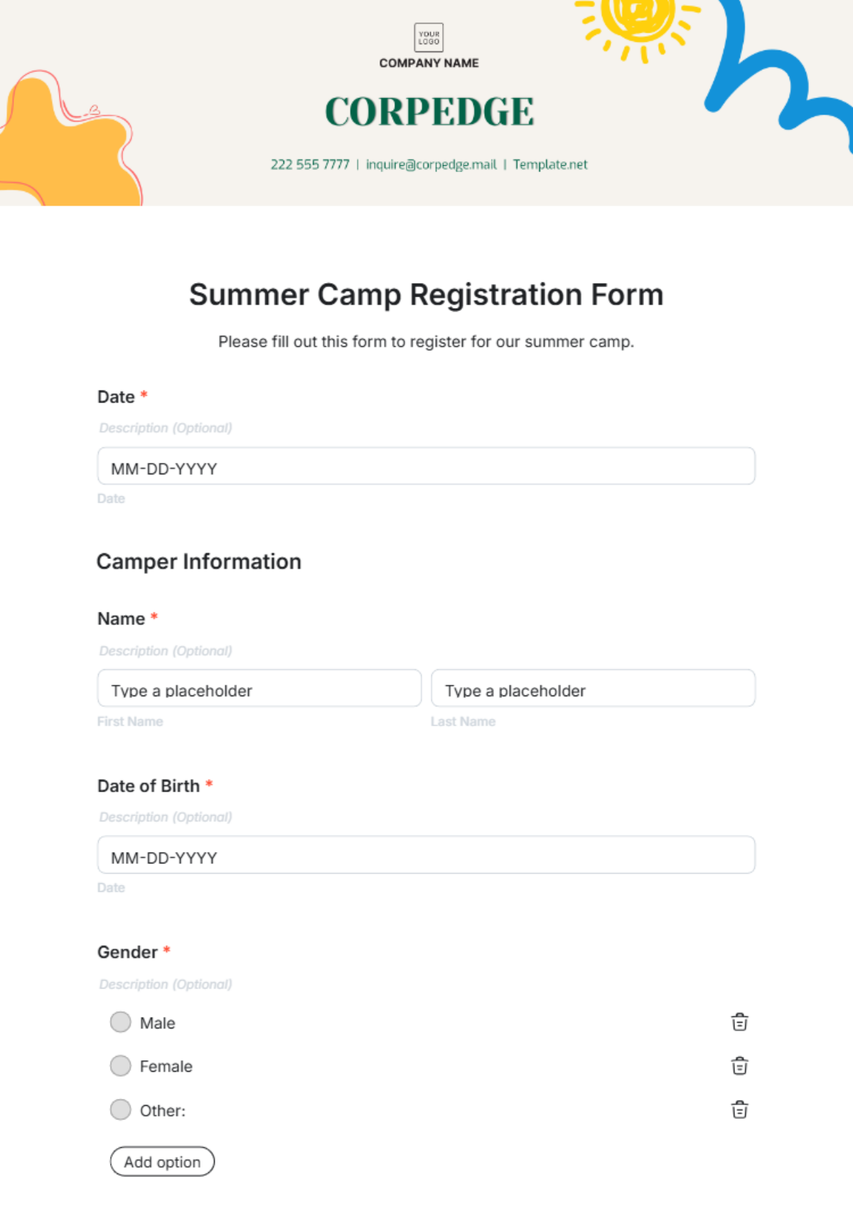 Summer Camp Registration Form Template - Edit Online & Download