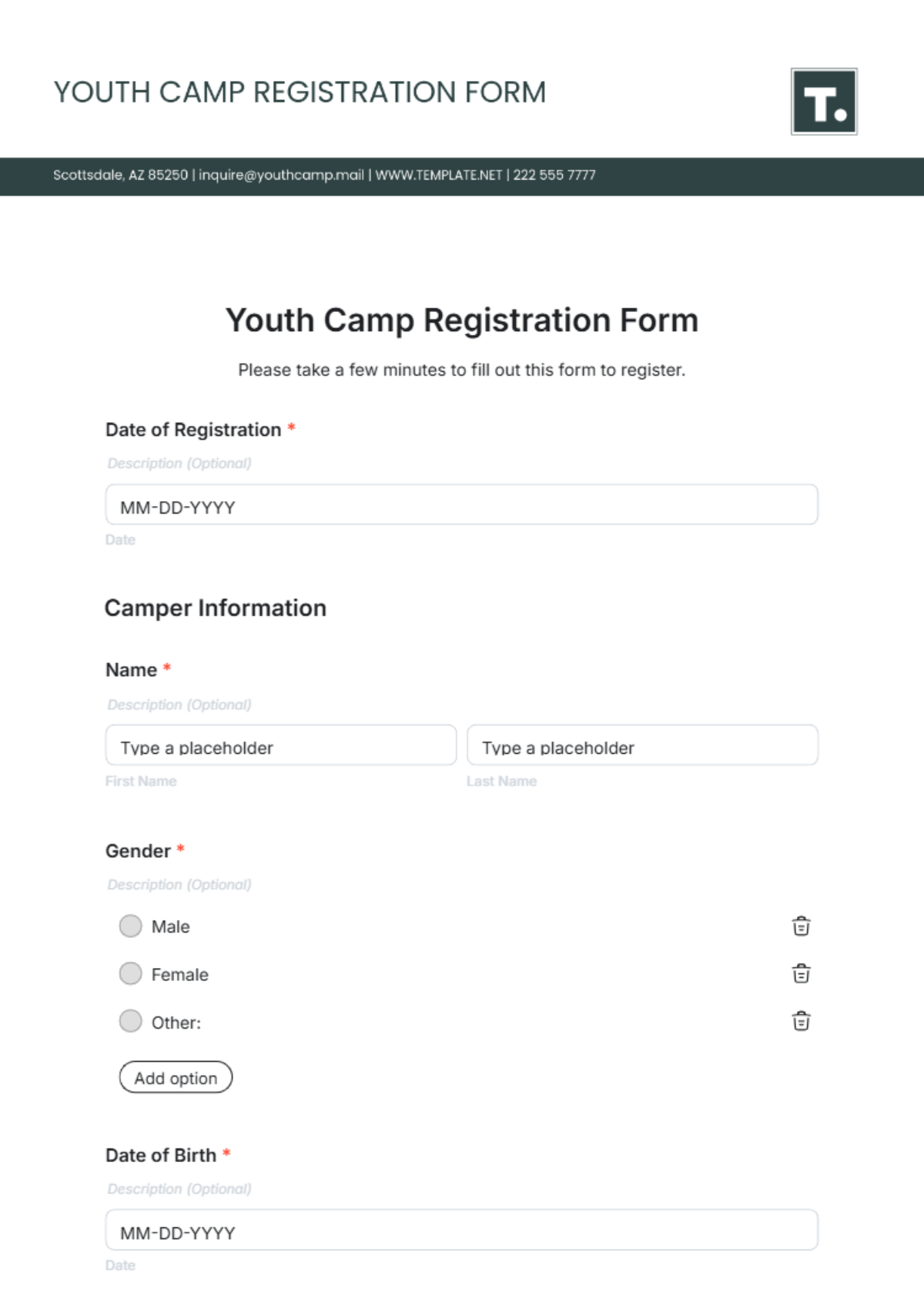 Youth Camp Registration Form Template - Edit Online & Download