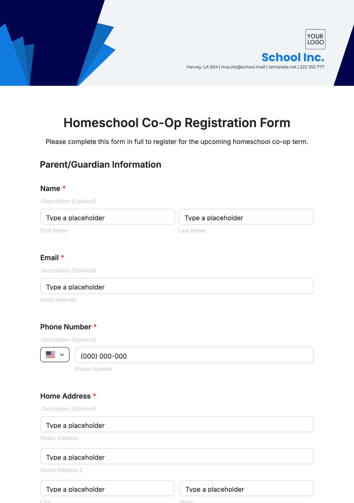 Homeschool Co-Op Registration Form Template - Edit Online & Download