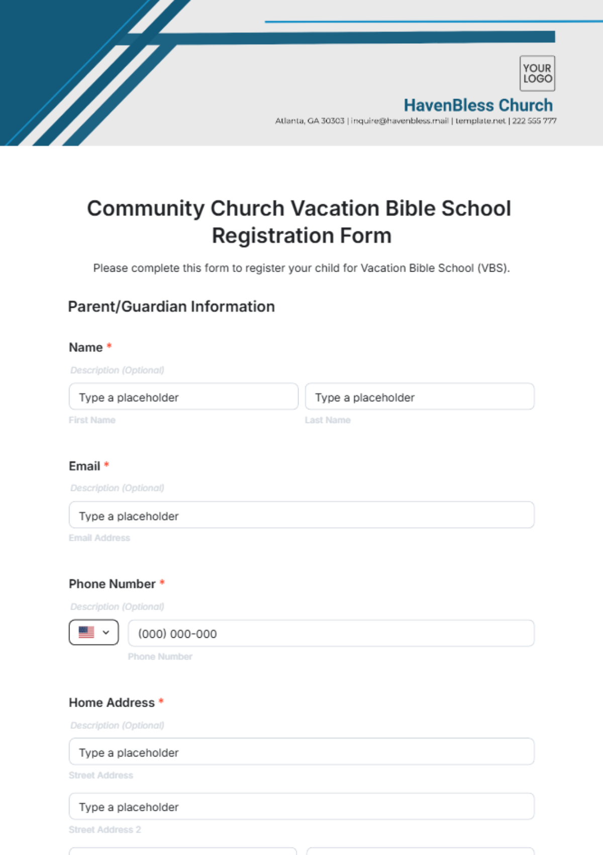 Community Church Vacation Bible School Registration Form Template - Edit Online & Download