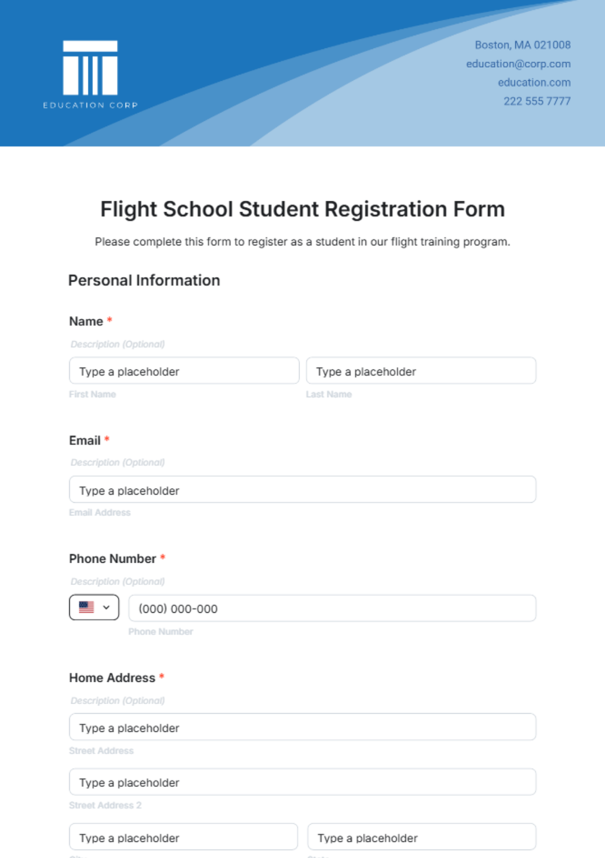 Flight School Student Registration Form Template - Edit Online & Download