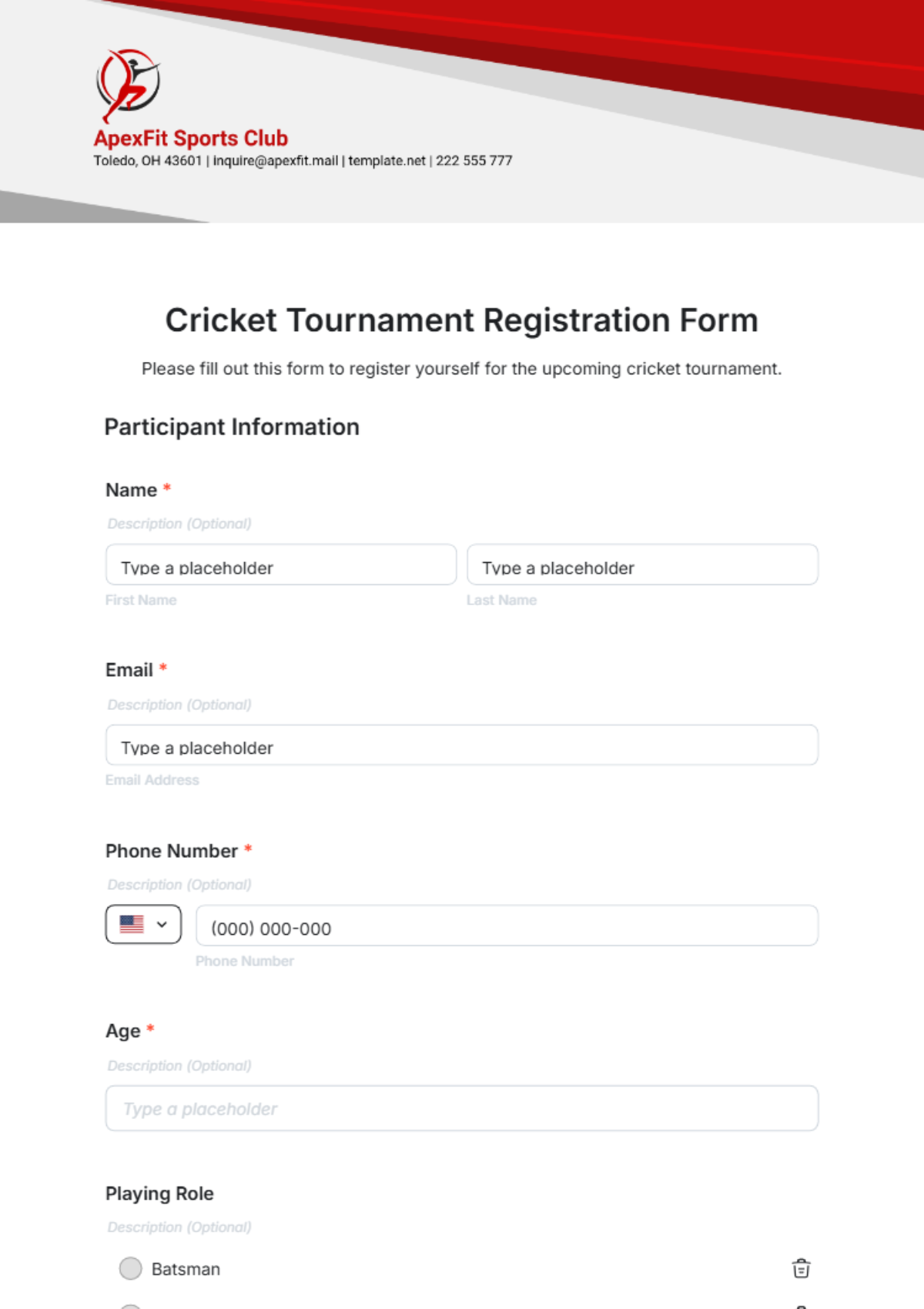 Cricket Tournament Registration Form Template - Edit Online & Download