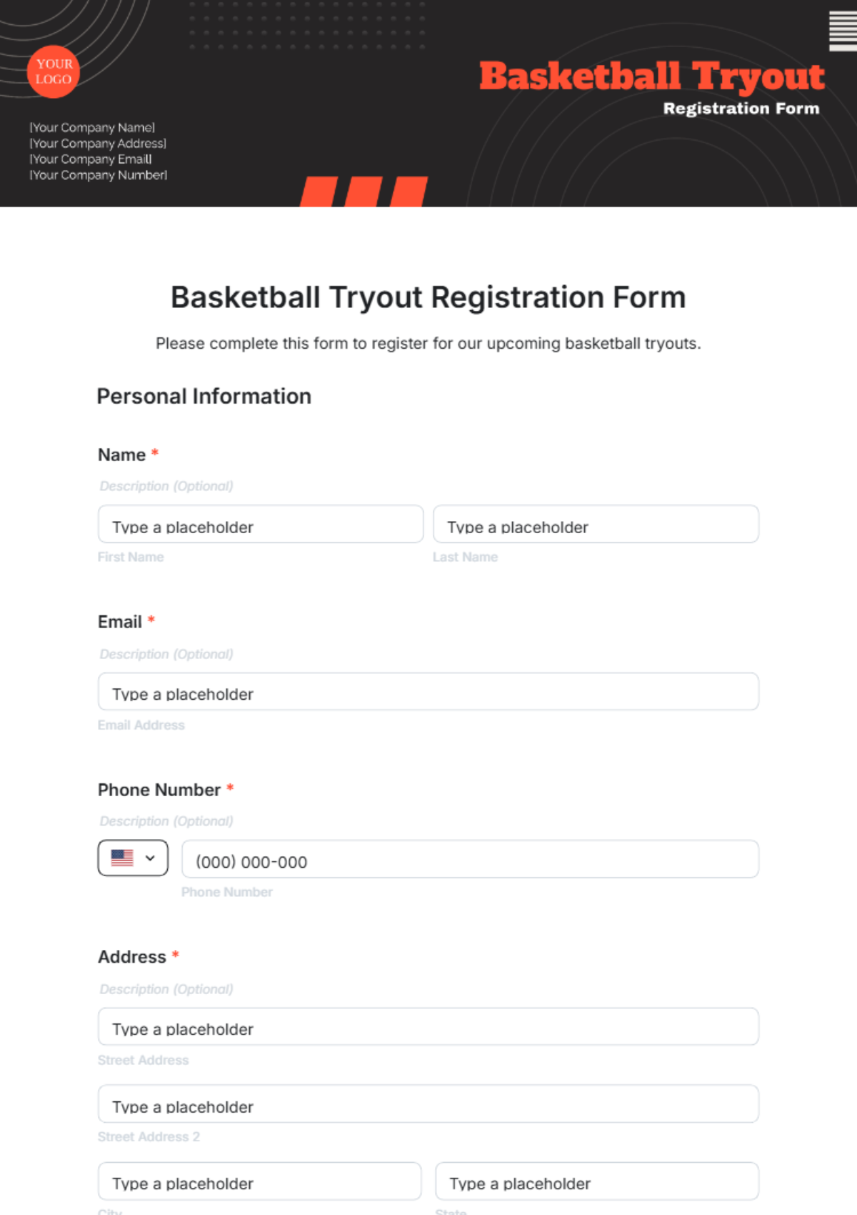 Basketball Tryout Registration Form Template - Edit Online & Download