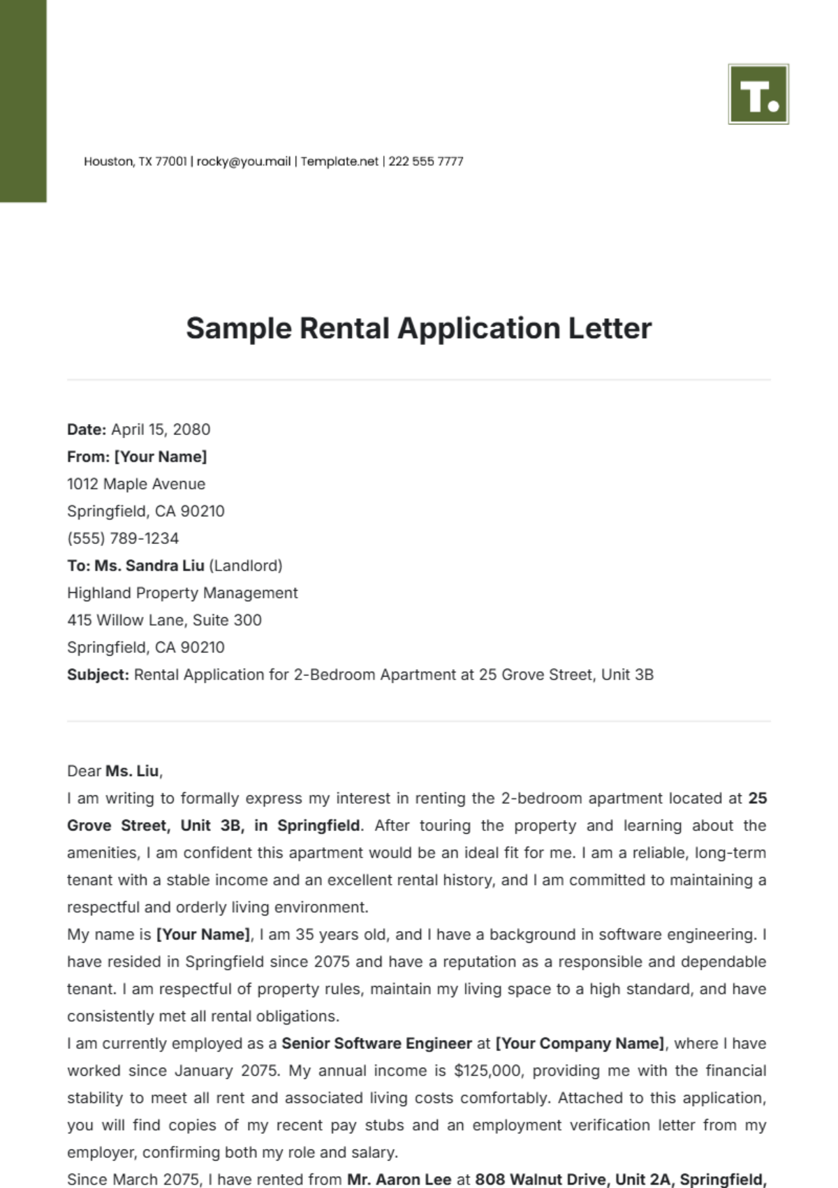 Sample Rental Application Letter Template - Edit Online & Download