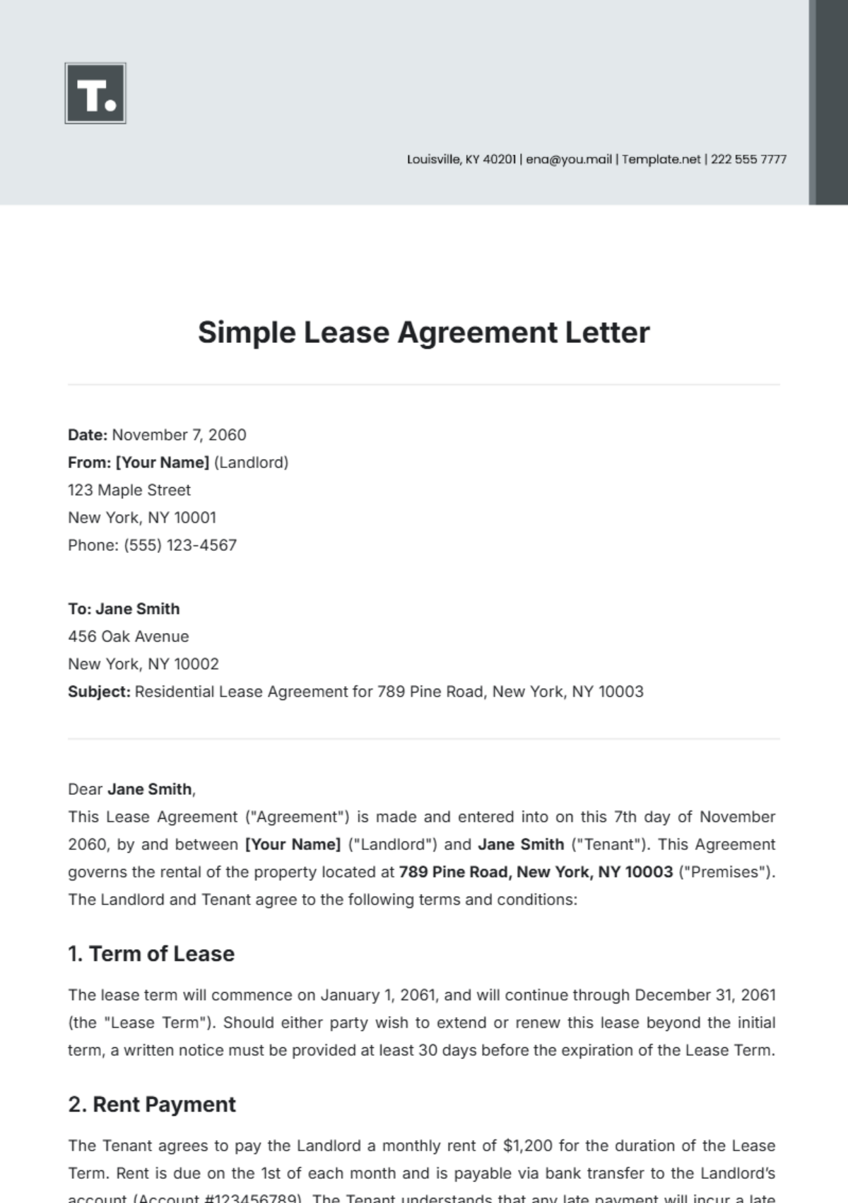 Simple Lease Agreement Letter Template - Edit Online & Download