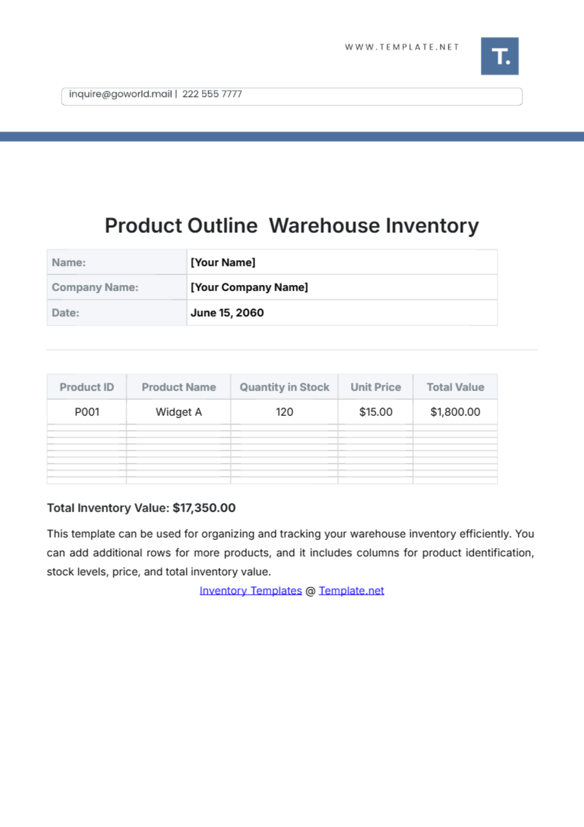 Product Outline Warehouse Inventory Template - Edit Online & Download